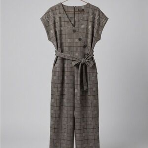 Plaid Wide-Leg Jumpsuit with Self-Tie Belt in Brown and Gray
